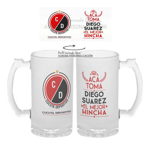 Mug Cervecero Taza Cúcuta Deportivo  Nombre Vidrio Opalizado