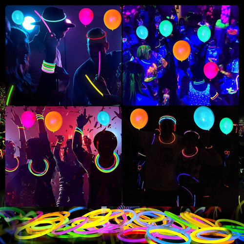 200 Pcs Pulseras Neon para Fiestas 100 Pulseras Neón Fosforescentes Y 100 Globos Fluorescentes Juego de Palos de luz para Fiesta, Navidad, Boda, Cumpleaños, Espectáculo