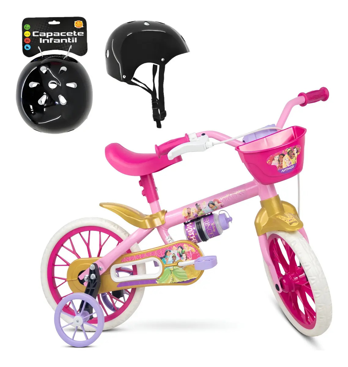 Bicicleta Infantil Aro 12 Nathor Princesas Rosa Com Capacete