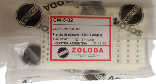 Plancha De Numeros 11-20 Cw-5-02 Zoloda X100 Unidades