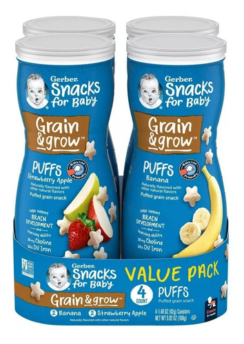 Gerber Puffs Banana/fresa-apple. Snack 4pack 42gr. Importado