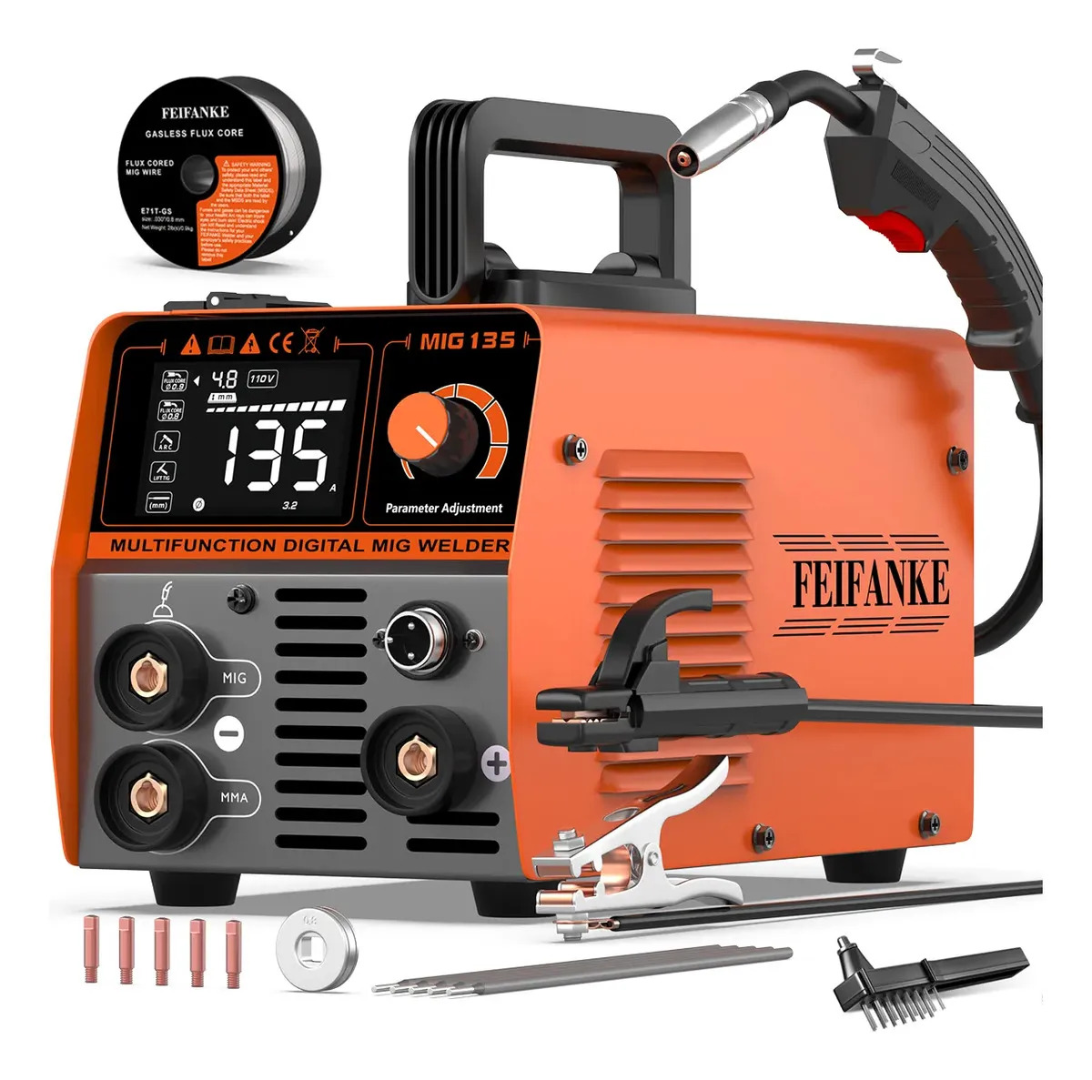 Soldadora Inverter 135a Soldar 3 En 1 Sin Gas MiG+MMA+TIG Portátil Soldadora De Microalambre, Pantalla LED Grande, IGBT Con Sinergia Para Bricolaje Doméstico Y Soldadura Industrial