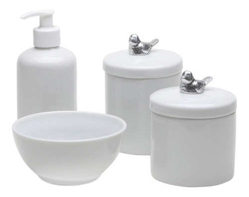 Kit Higiene Porcelana Bebe Potes Molhadeira Coroa Dourada Cor Passarinho Prata