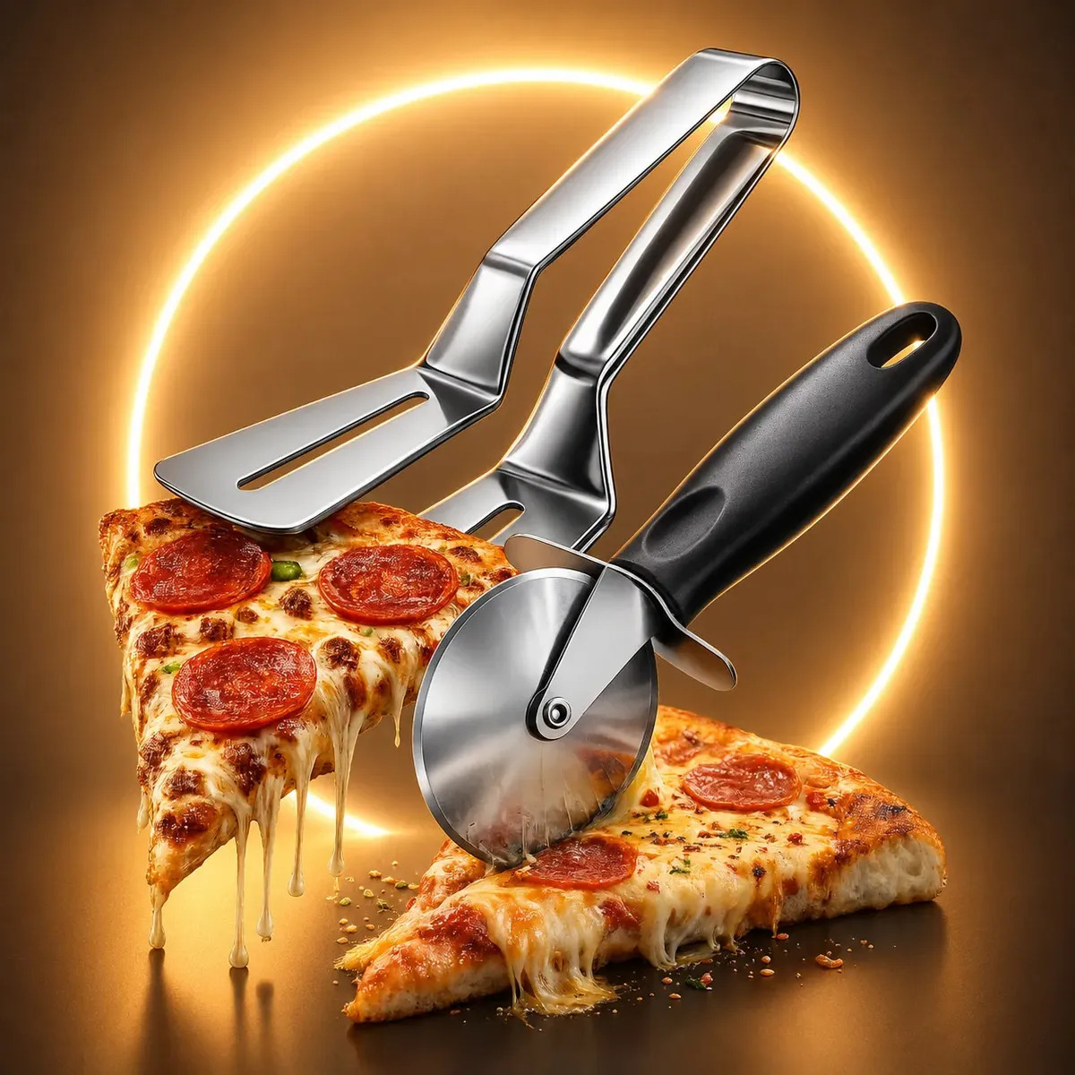 Kit Carretilha Cortador Pizza Massa + Espátula Dupla Inox Profissional Campus Ecom