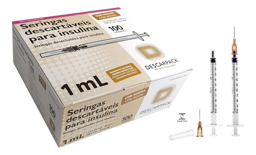 Seringa Com Agulha Para Insulina 1 Ml - 100 Unid- Descarpack
