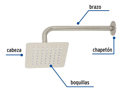 Regadera Cuadrada 6'' Acero Inox Con Brazo Satín Foset 47742