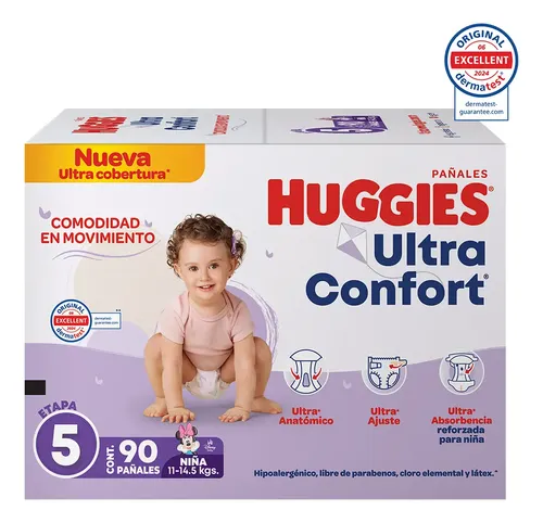 Pañales Huggies UltraConfort · etapa 5 niña (90 pz)