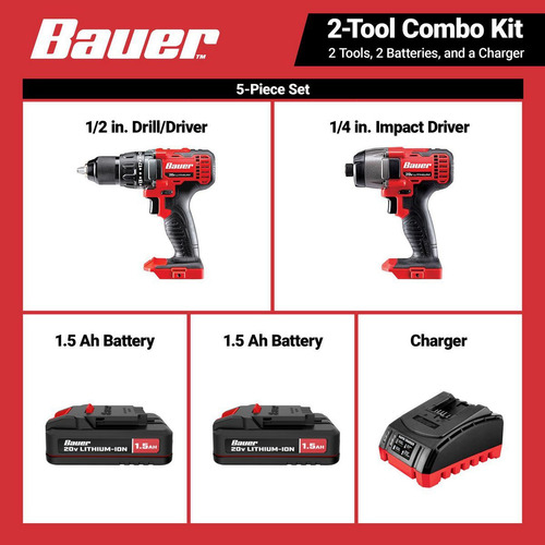 Taladro Y Taladro De Impacto Bauer, 20v, 2 Baterias Y Carg Rojo 0