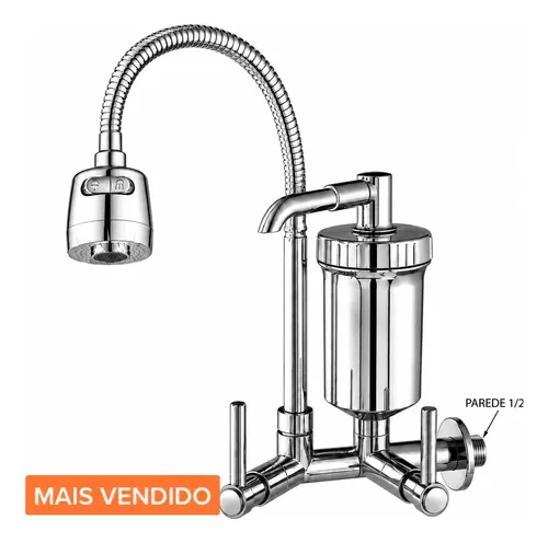 Torneira Com Filtro Com Purificador Agua Bica Flexível Gourmet Para Cozinha Parede Luxo Chuveirinho 2 Modos De Jatos A Mais Vendida Prateado