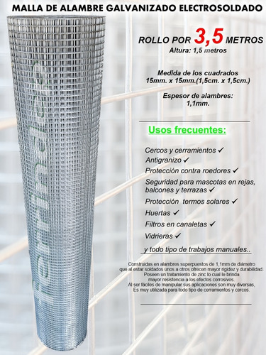 Malla Electrosoldada Alambre Galv 15x15mm Rollo 1,5 X 3,5mts