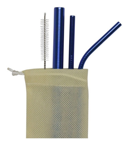 Set 3 Popotes Acero Inoxidable Pajilla Ecologico Bebida Color Azul