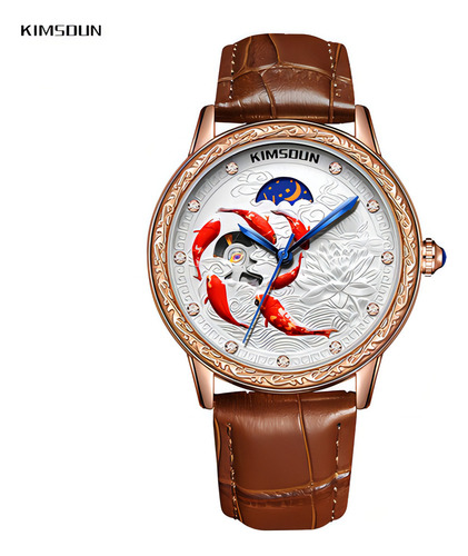 Reloj De Cuero Mecánico Kimsdun Man Moon Phase Color Del Fondo Brown/white