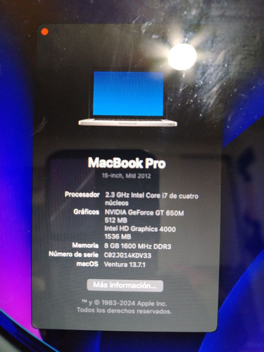 Macbook Pro 15 Pulgadas Mid 2012 Ssd 512gb Ram 8gb Core I7 Plateado (Usado)