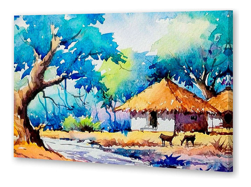 Cuadro 16x24cm Paisajes Acuarela Pequeña Choza Arbol