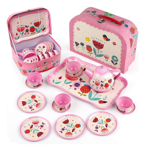 D-fantix Juego De Té Para Niñas Pequeñas, Juego De 15 Piezas Color Rosa