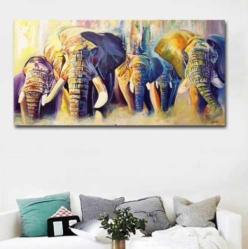 Cuadro Canvas Familia De Elefantes 1x.60 M Acuarela Colores Moderno Listo Para Colgar Materiales De Calidad No Sintetico Color Multicolor