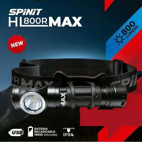 Linterna Spinit Frontal Hl800r Recargable Minera Y De Mano Color De La Linterna Negro Color De La Luz Blanco
