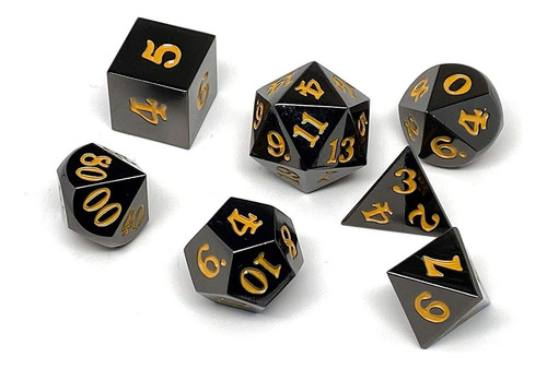 Gun Metal Juego De Dados De 7 Piezas - Signature Font - Oro