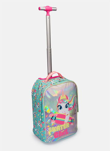 Mochila Escolar Pequena Com Rodinha Unicórnio Skate - Puket Cor Verde Água
