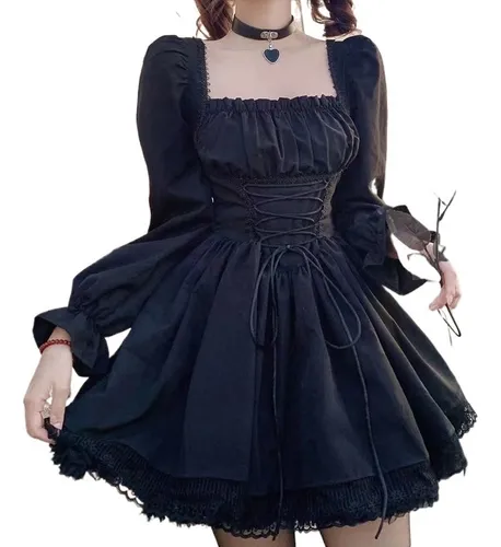 L Vestido Negro De Manga Larga Lolita Goth Aesthetic Puff