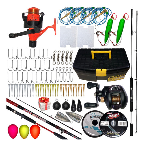 2 Kit Combo Equipo Completo Pesca Caña Maciza Reel Caja Acce