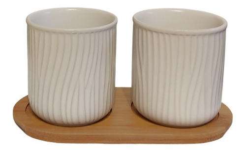 Set Vaso Cerámica Baño Doble Y Bandeja Bamboo