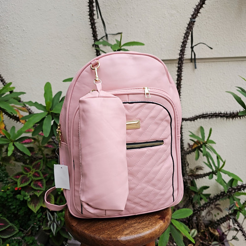 Mochila Bolsa Feminina Social Com Estojo Couro Ecológico Cor Rosa Desenho Do Tecido Liso