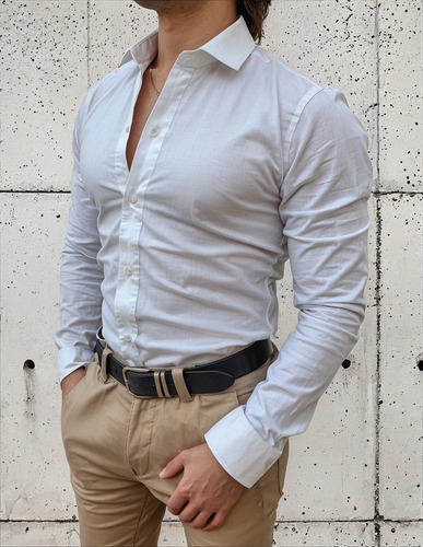 Camisa De Vestir Hombre Elastizada Manga Larga Entallada