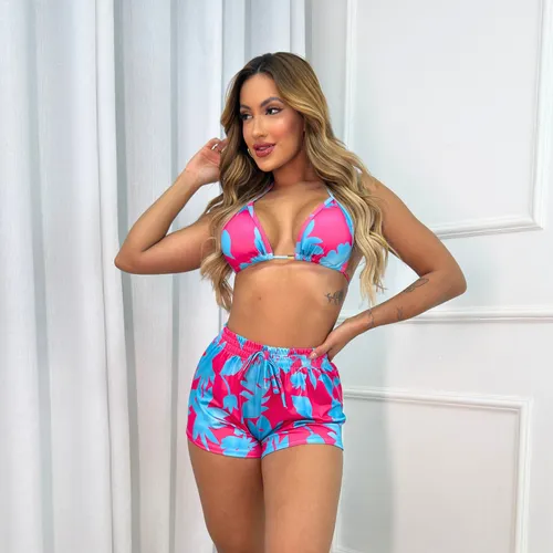Biquini Conjunto Trikini 3 Peças Short Praia Moda Tendência 