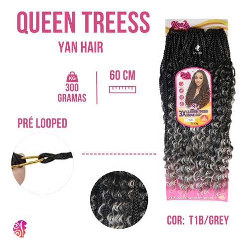 Cabelo Queen Tress Braids Tranças Pronta 300gr - Yan Hair Cor Preto Com Californiana Cinza T1B/Grey