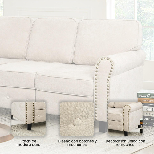 Sofa De Lino 3 Plazas Con Patas De Madera Beige Beige Diseño De La Tela
