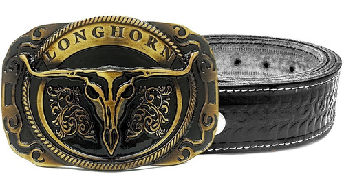 Cinto Couro Legitimo Com Fivela Cowboy Longhorn Ouro Velho