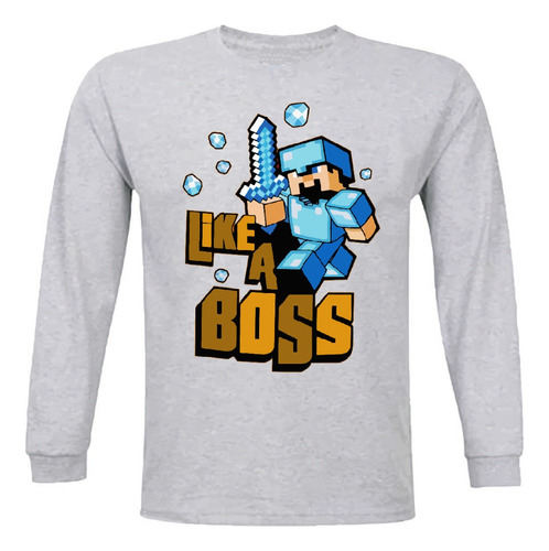 Polera Manga Larga, Minecraft Like A Boss, Niños/as, Jóvenes