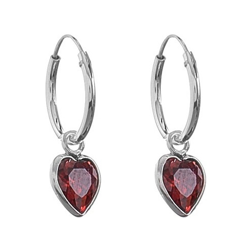 Aros Argollas Con Dije Corazón Rojo Cubic De Plata 925