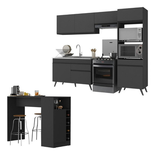 Armário Cozinha Compacta Com Mesa Veneza Multimóveis Mp2210 Cor Preto