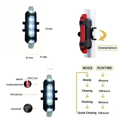 Imagen 6 de 8 de Luz Bici Auxiliar Inalámbrica Usb X 2 Blanco Y Rojo