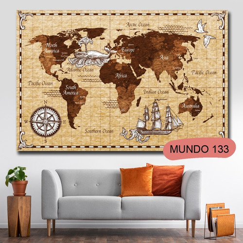 Imagen 4 de 8 de Cuadro Mapamundi Antiguo 120x70 Otros Diseños Tela