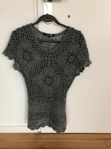 Vestido S Crochet Corto Manga Corta Gris Lana Forever 21