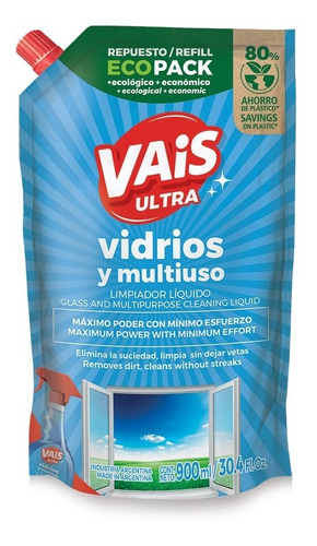 Caja X36 Ecopack Limpiavidrios Líquido 900ml Vais