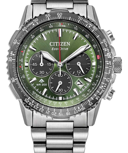 Reloj Citizen Promaster Air Navihawk Para Caballero 61921 Correa Plateado Bisel Plateado Fondo Verde Musgo