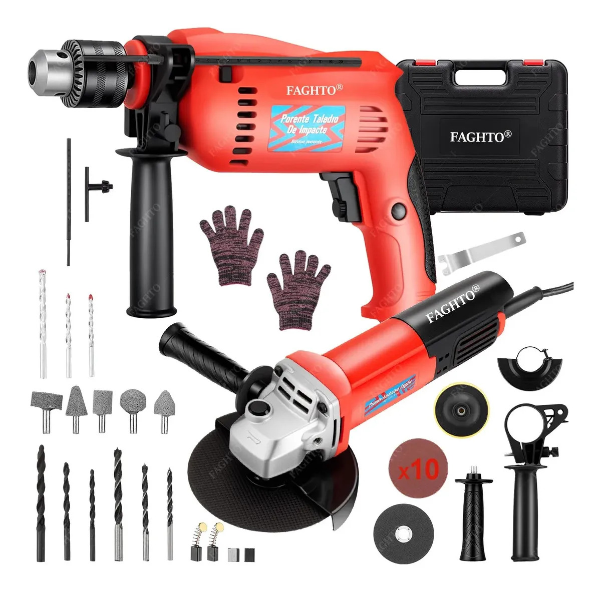 Kits De Taladro Rotomartillo Y 125mm Amoladora Angular Industrial Con 37 Accesorios FAGHTO 1200W Martillo Rotomartillo Cincelador Perforador Sds-plus 4000bpm Y Esmeriladora Angular
