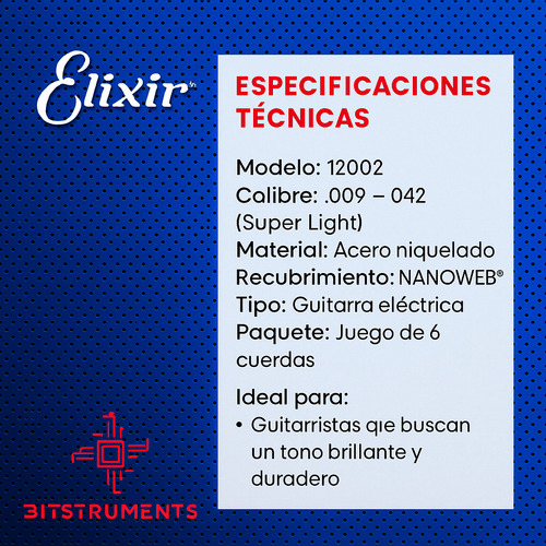 Elixir 12002 Cuerdas Guitarra Electrica Nanoweb Super Light