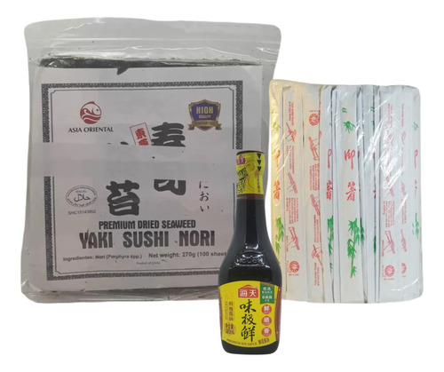 Combo Sushi/ Algas 100hojas+ Palitos X100u+ Salsa Soja 380ml