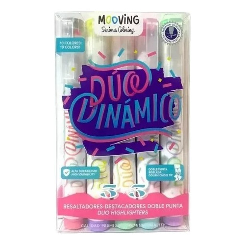 Caja 5 Resaltadores Mooving Duo Dinamico Doble Punta 10 Colo