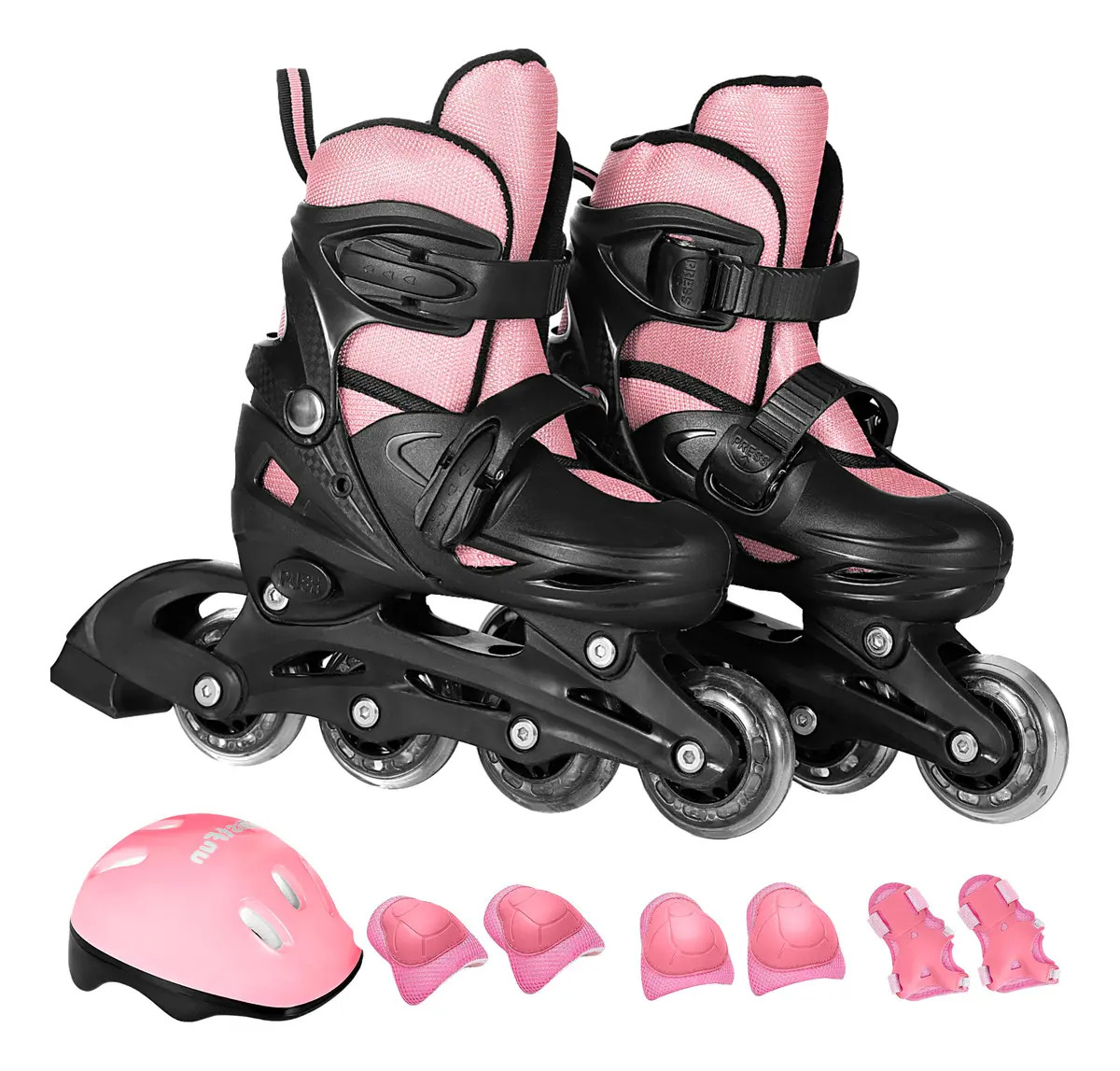 Patins Roller Ajustável Infantil Juvenil Adulto Com Kit Proteção Completo Cor Rosa JustFun