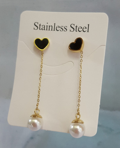 Aretes Largos De Acero Inoxidable Corazón Negro Perla Cadena (Usado)