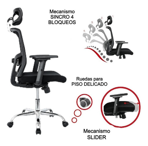 Imagen 3 de 6 de Silla Oficina Premium Encino Sincro-slider-brazo3d-ruedagoma