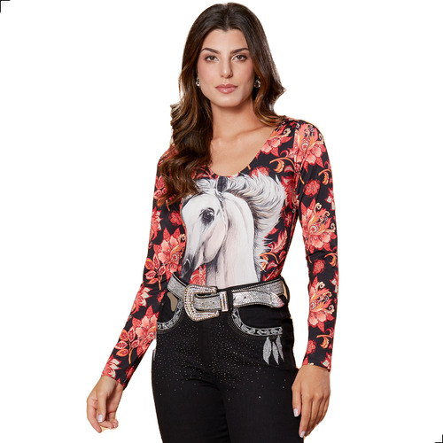 Body Feminino Manga Longa Estampado Cavalo Branco Flores