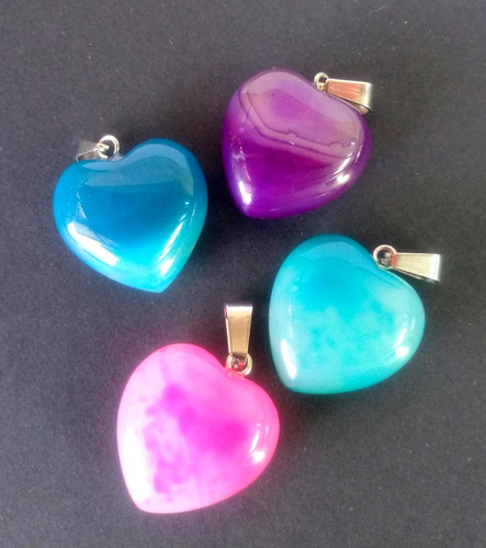 Colgante Corazón Ágatas Variedades + Bolso + Cadena Plata 