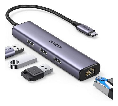 Hub 4 Em 1 Ugreen Usb Tipo-c Para 3* Usb 3.0 + Rj45 Ethernet